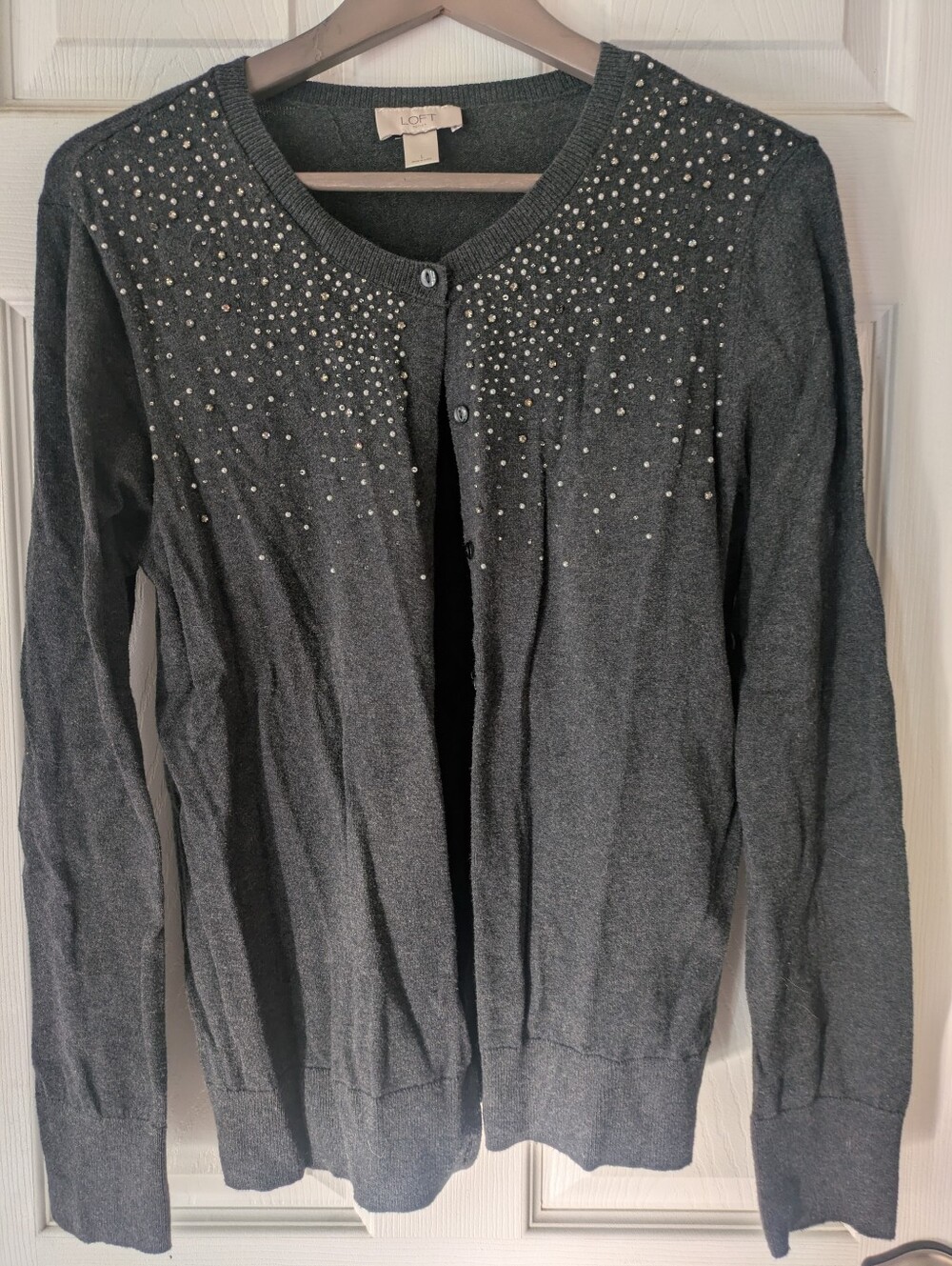 LOFT Charcoal Gray Embellished Button-Front Cardigan